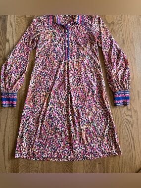 Hale Bob Matte Jersey Printed Shirt Dress Small Clover Buttons Zip Cuff Boho